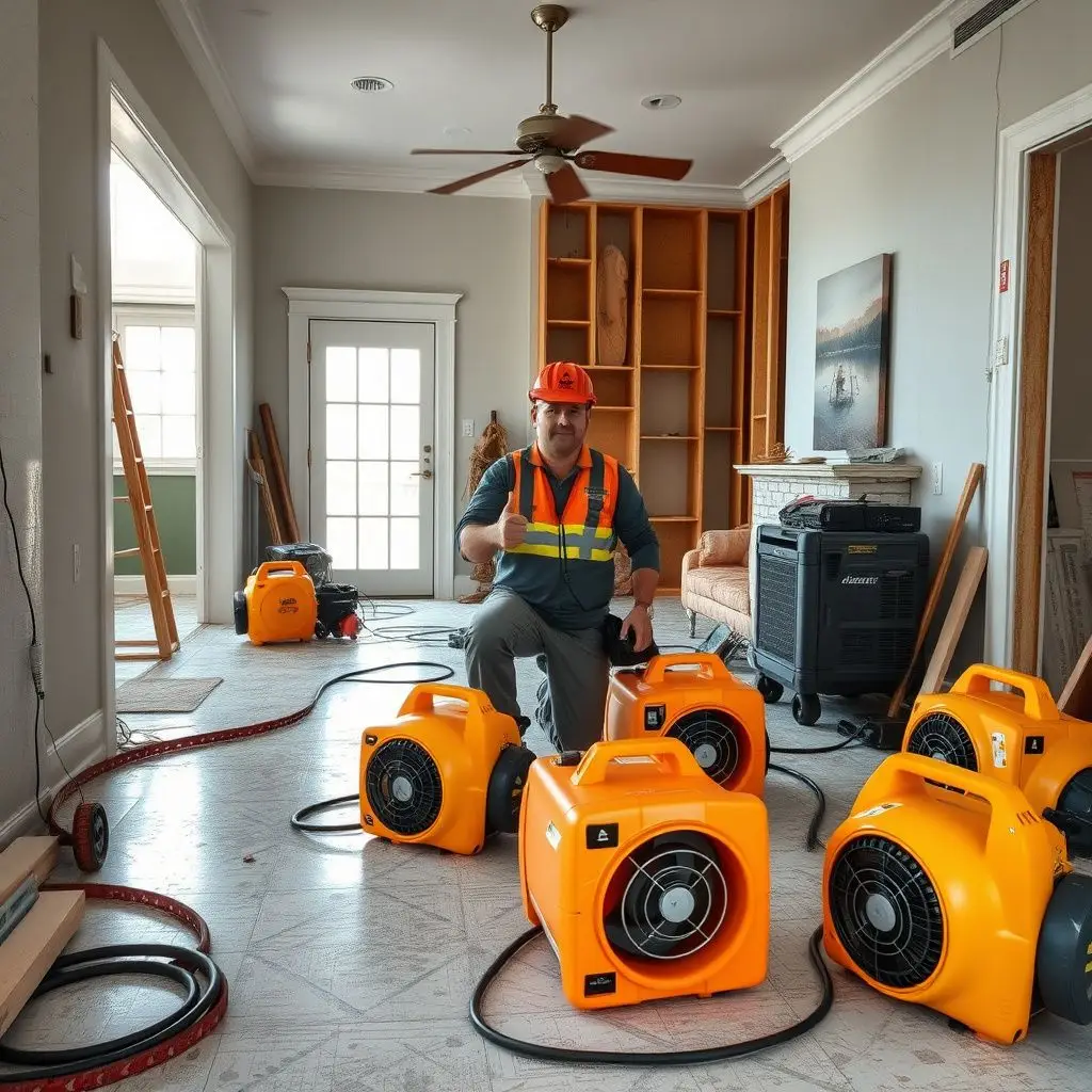 A restoration professional setting up a large dehumidifier in a well-maintained Wilmington Island home.