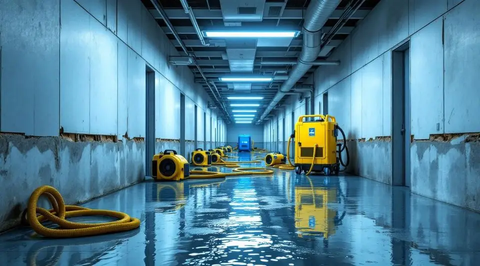 Professional technicians using industrial water extractors in a San Diego office building lobby with cinematic lighting.