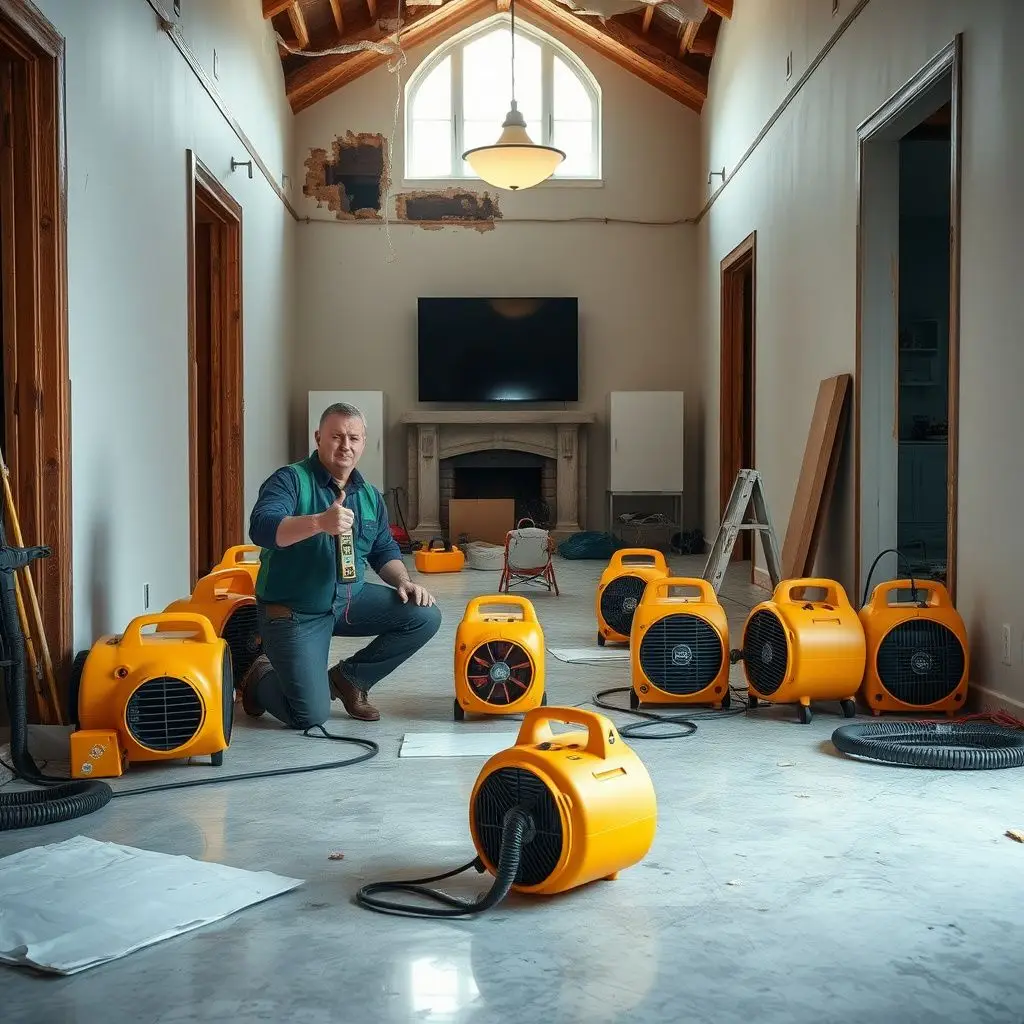 Professional drying equipment set up in a Savannah home to prevent hardwood floor buckling after a pipe burst.