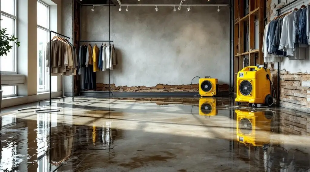 Commercial restoration crew using industrial air movers and dehumidifiers in a Savannah retail showroom after a flood.