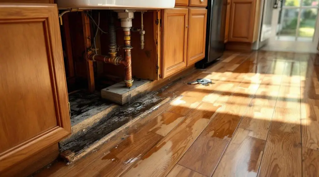 Professional water damage inspection in a Savannah kitchen with moisture meters and thermal cameras on hardwood flooring.