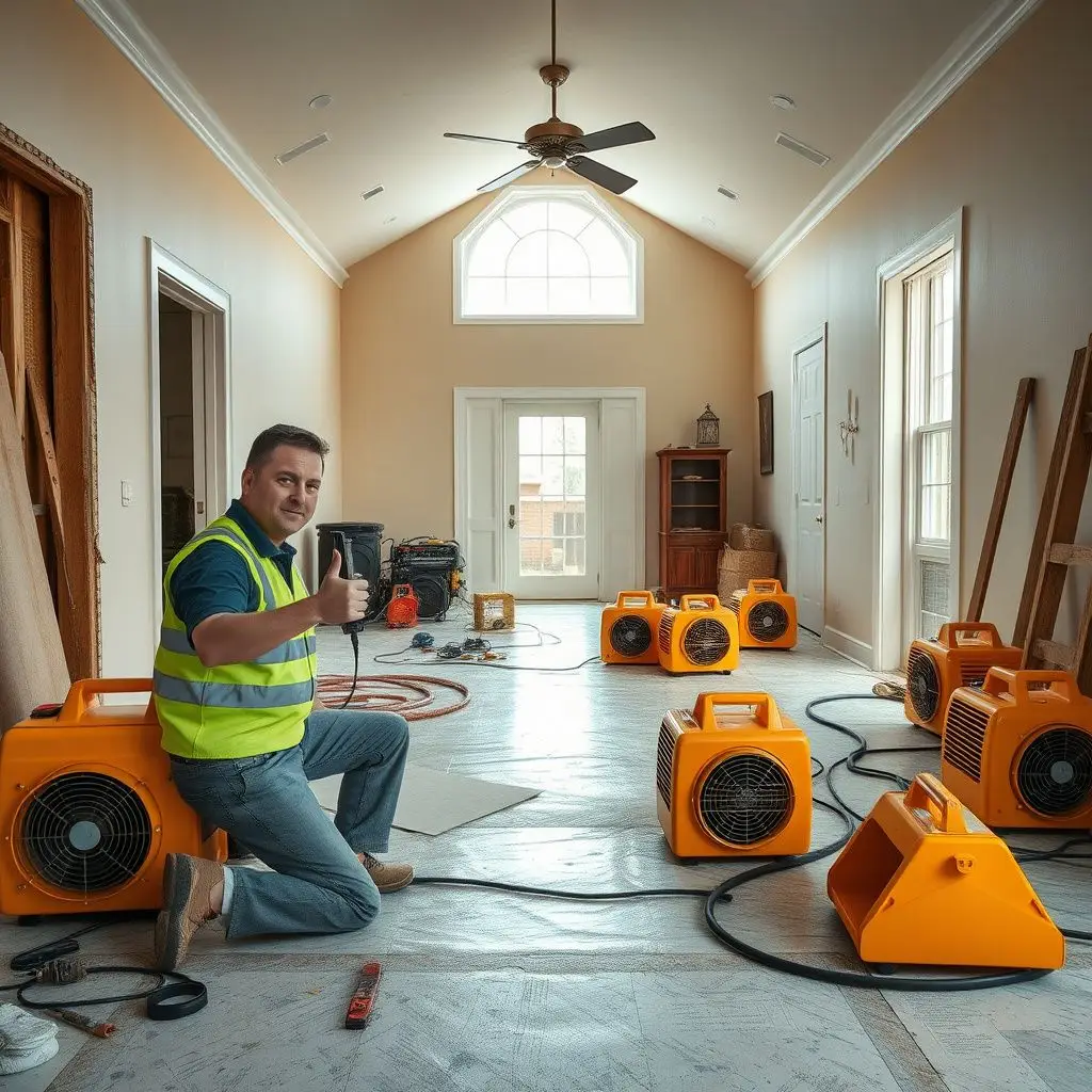 A technician using a moisture meter to check for drywall cavity drying in a Whitemarsh Island home.