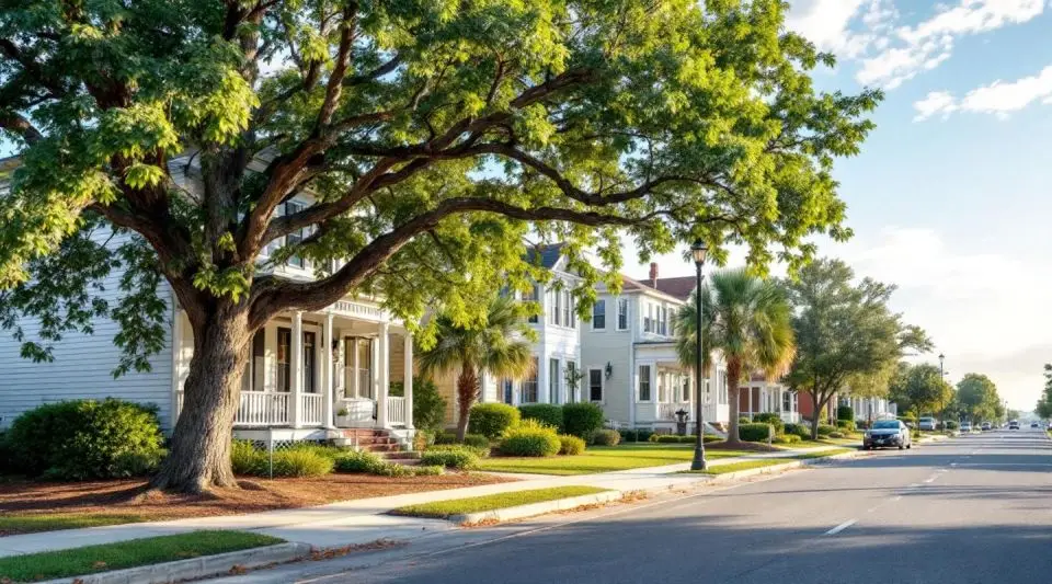 A wide photoreal shot of a Wilmington Island residential street lined with live oaks and Spanish moss at dusk.