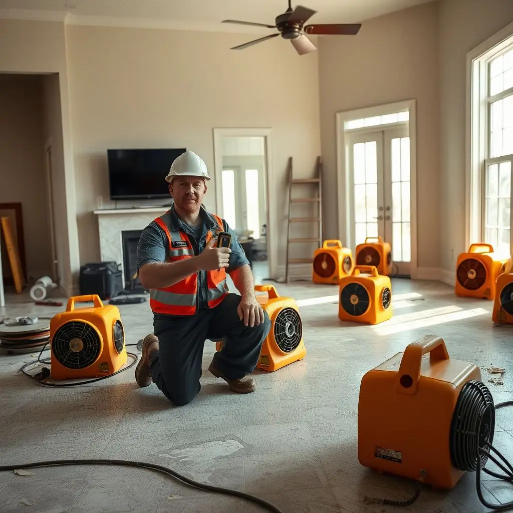 A restoration technician using a professional moisture meter to check for hidden water behind a wall in a Tybee beach house.