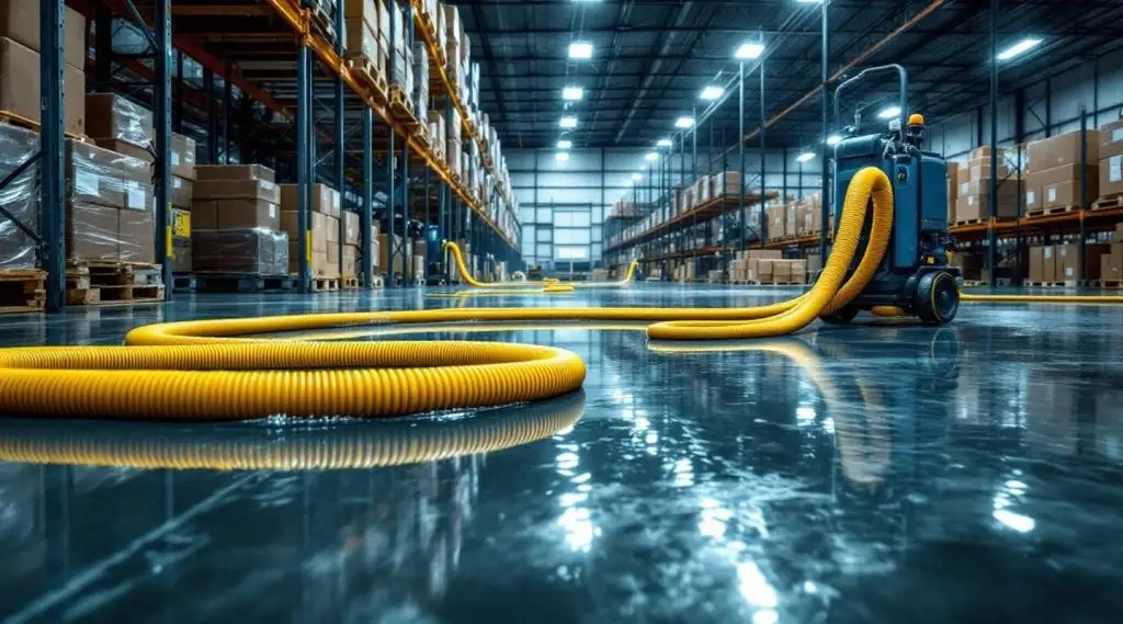 Industrial water extraction equipment in a large Savannah warehouse with high ceilings and concrete floors.