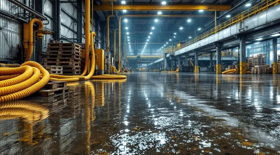 A professional restoration crew using high-capacity water extractors in a large Savannah warehouse facility.